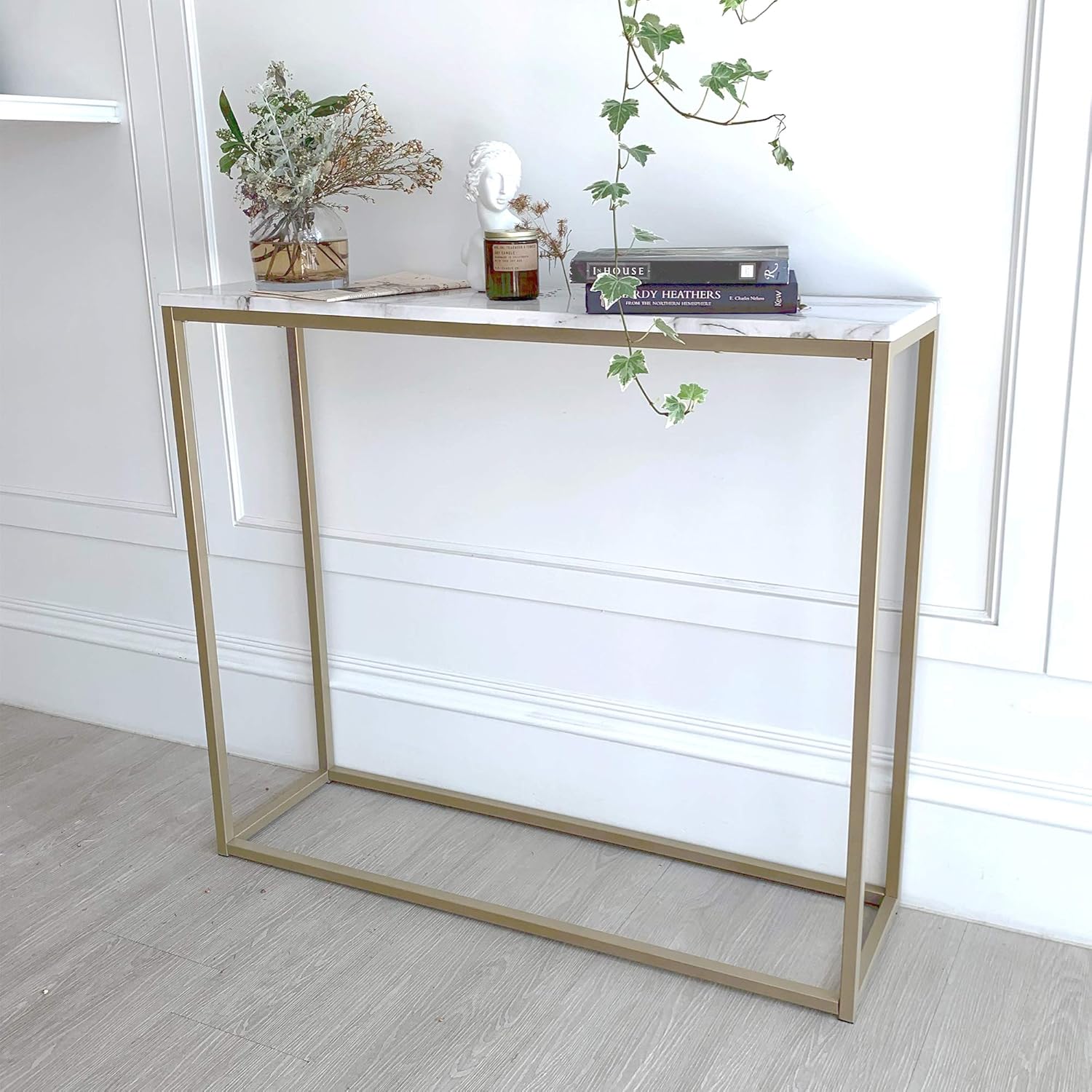 roomfitters Sofa Console Table Marble Print Top Gold Metal Frame Accent White Narrow Foyer Hall Table, White&hellip;