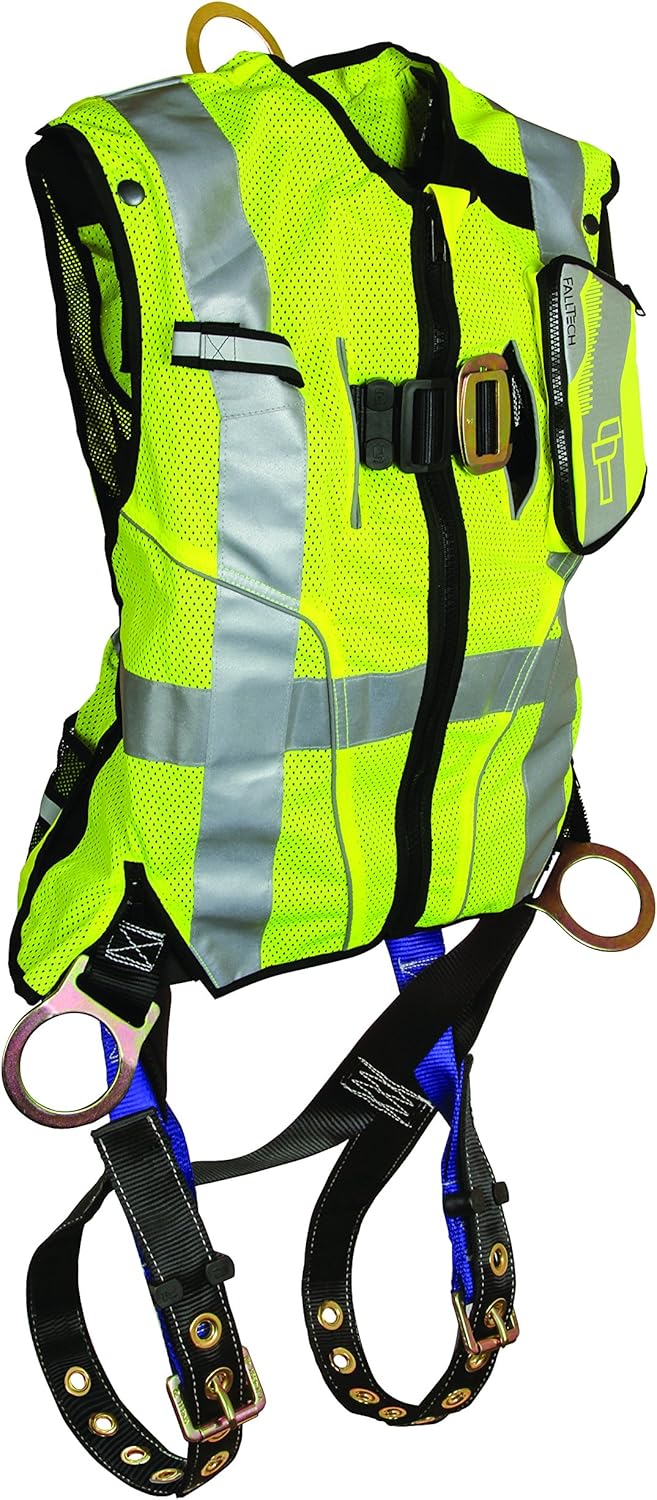 FallTech 7018SML Hi-Vis Vest Harness, Non-Belted FBH - 3 D-Rings, Back and Side, Tongue Buckle Legs and Mating Buckle Chest, Class 2 Vest, Lime, Small/Medium, Lime/Blue