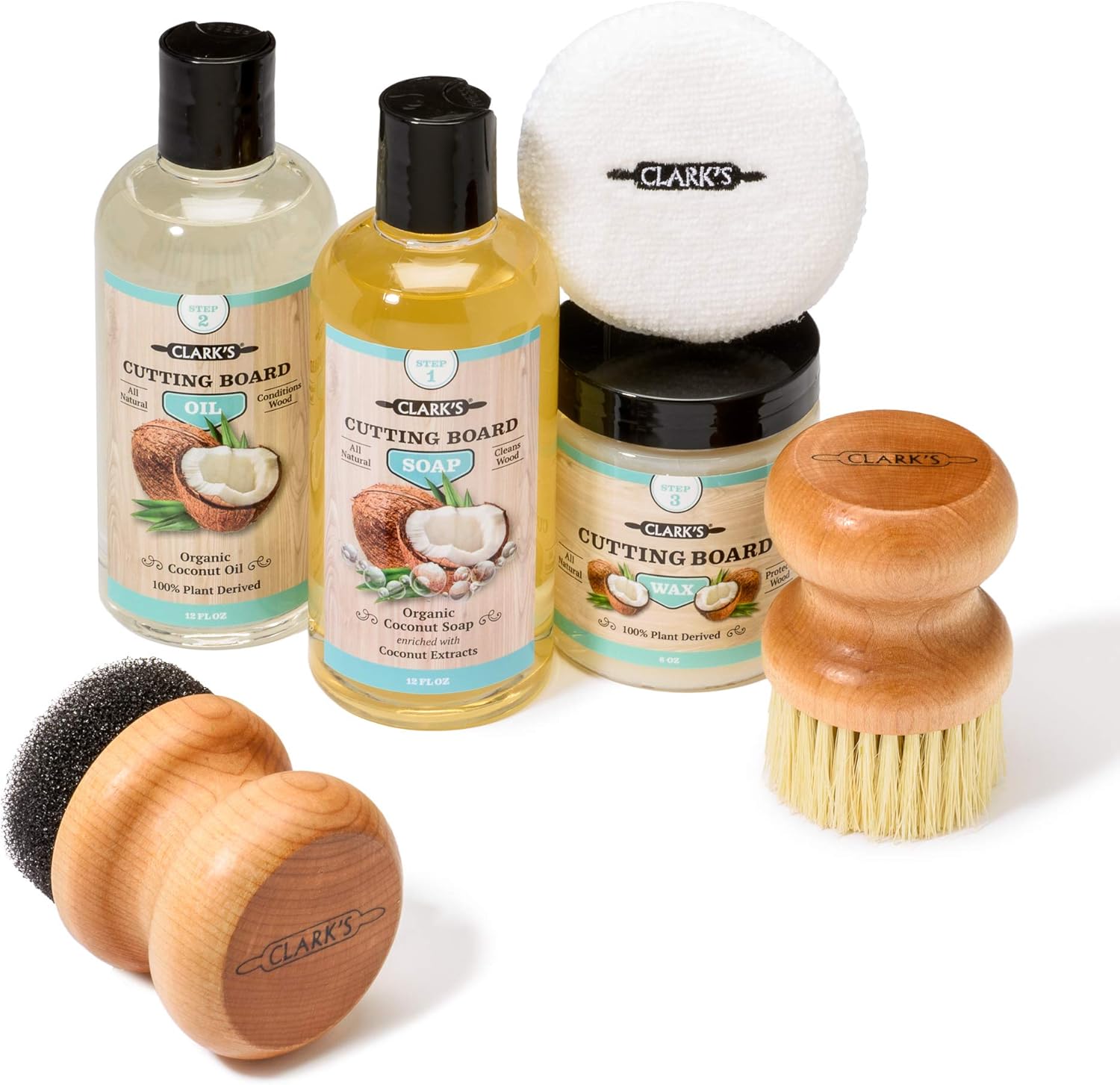 CLARK'S Complete Cutting Board Care Made with Refined Coconut Oil- Inludes: Oil (12 oz) - Wax (6oz) - Soap (12oz) - Small Applicator - Buffing Pad - Scrub Brush - Contains No Mineral Oil Pack of 2
