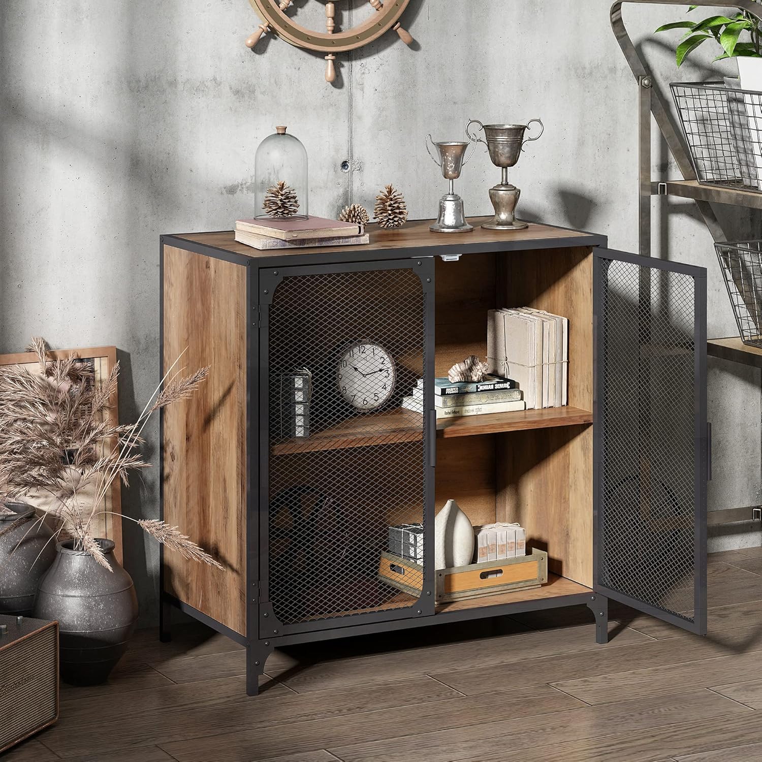 JAXSUNNY Metal Storage Cabinet with Mesh Doors, Industrial Bar Cabinet Buffet Sideboard for Living Room, Dining Room, Bedroom, Black