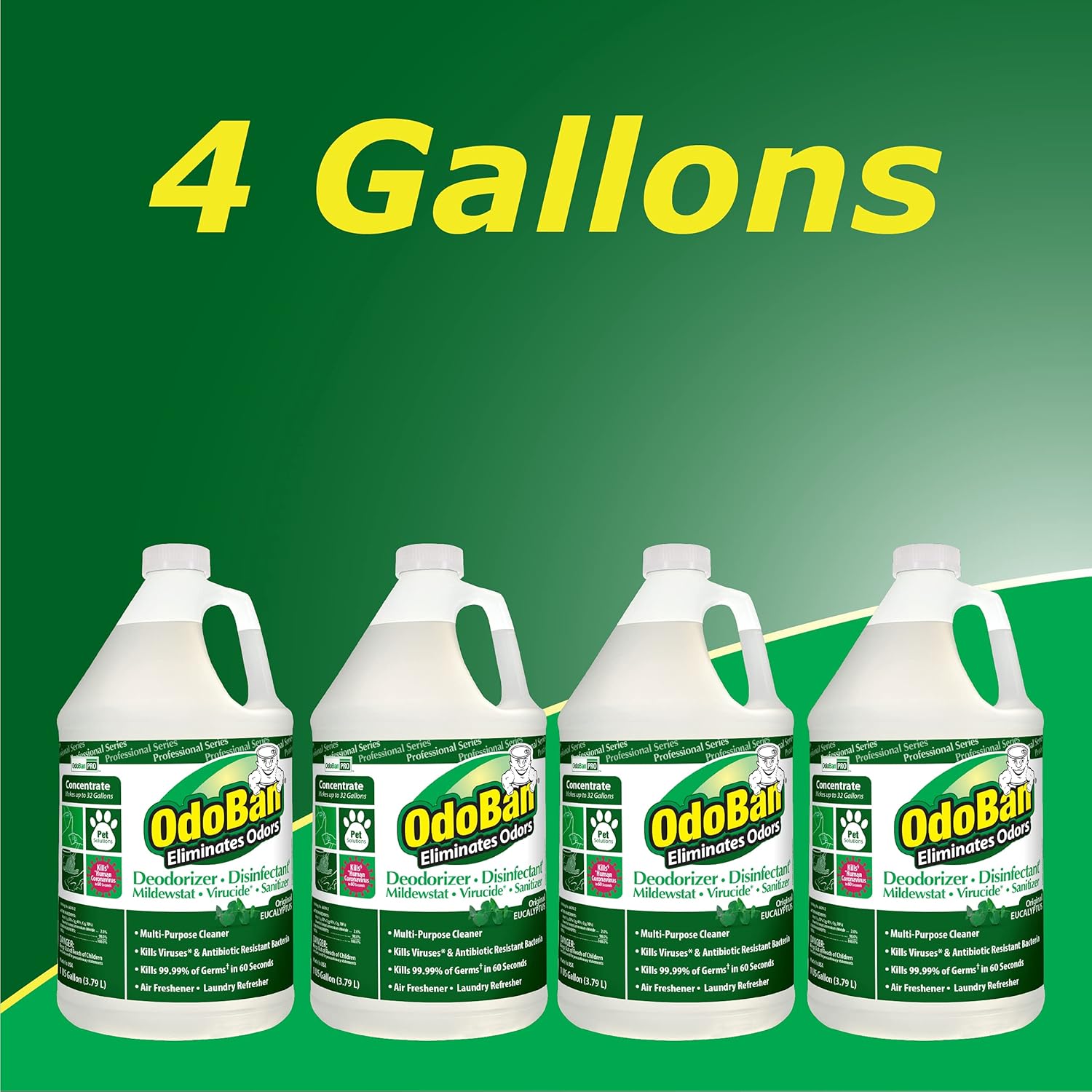 OdoBan Professional Disinfectant and Odor Eliminator Concentrate, 4-Pack, 1 Gallon Each, Original Eucalyptus Scent Pack of 2