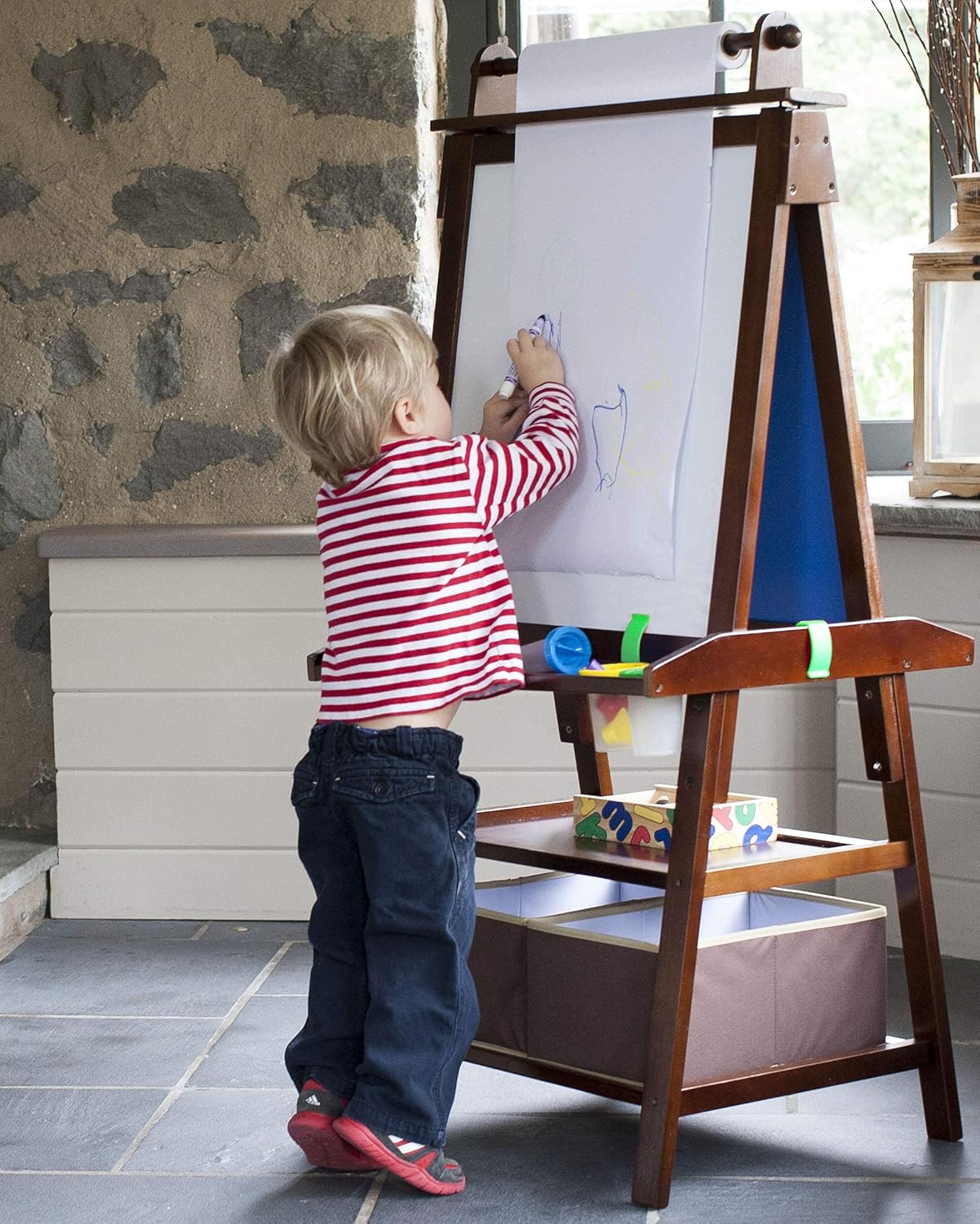 Little Partners 3-in-1 Art Easel 2-Sided A-Frame Art Easel with Chalk Board, Dry Erase, Storage, Paper Feed and Accessories for Toddlers (Soft White)