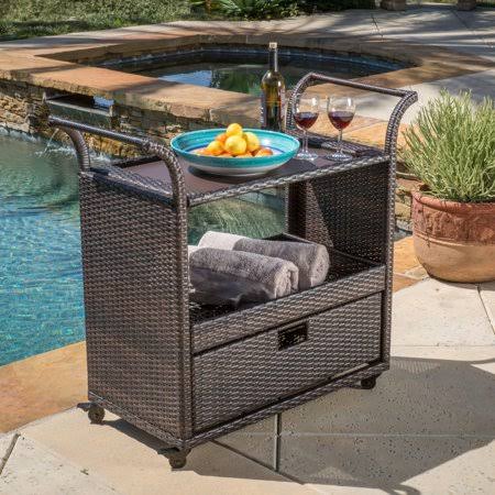 39.75 inch Brown and Black Outdoor Patio Bar Cart with Wheels