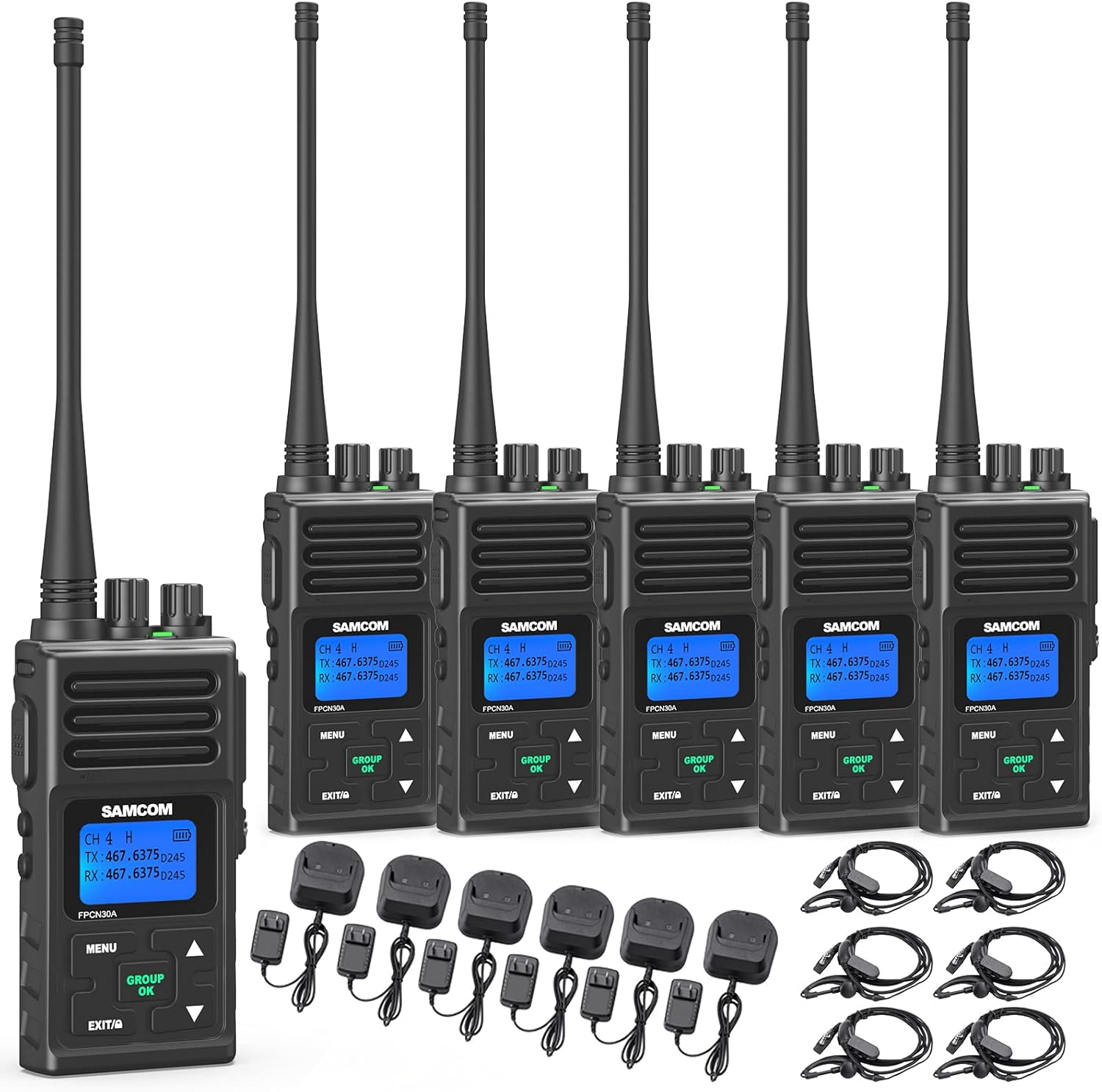 SAMCOM Walkie Talkies with Earpiece,5W High Power Two Way Radios Long Range, Heavy Duty 2 Way Radio for Adults Rechargeable 1500mAh, Programmable UHF Commercial Handfree Radios Group Call,6 Packs