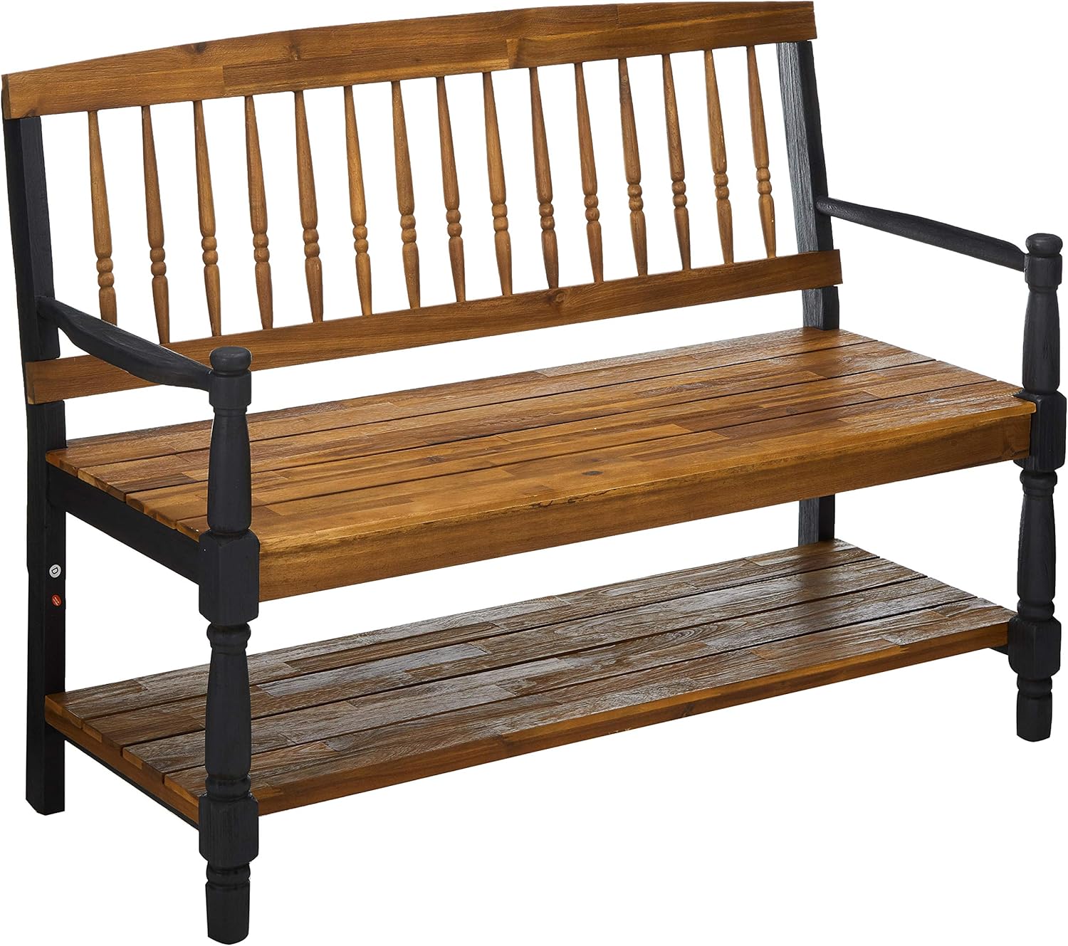 Christopher Knight Home Eddie Indoor Farmhouse Acacia Wood Bench with Shelf, Teak and Black Finish