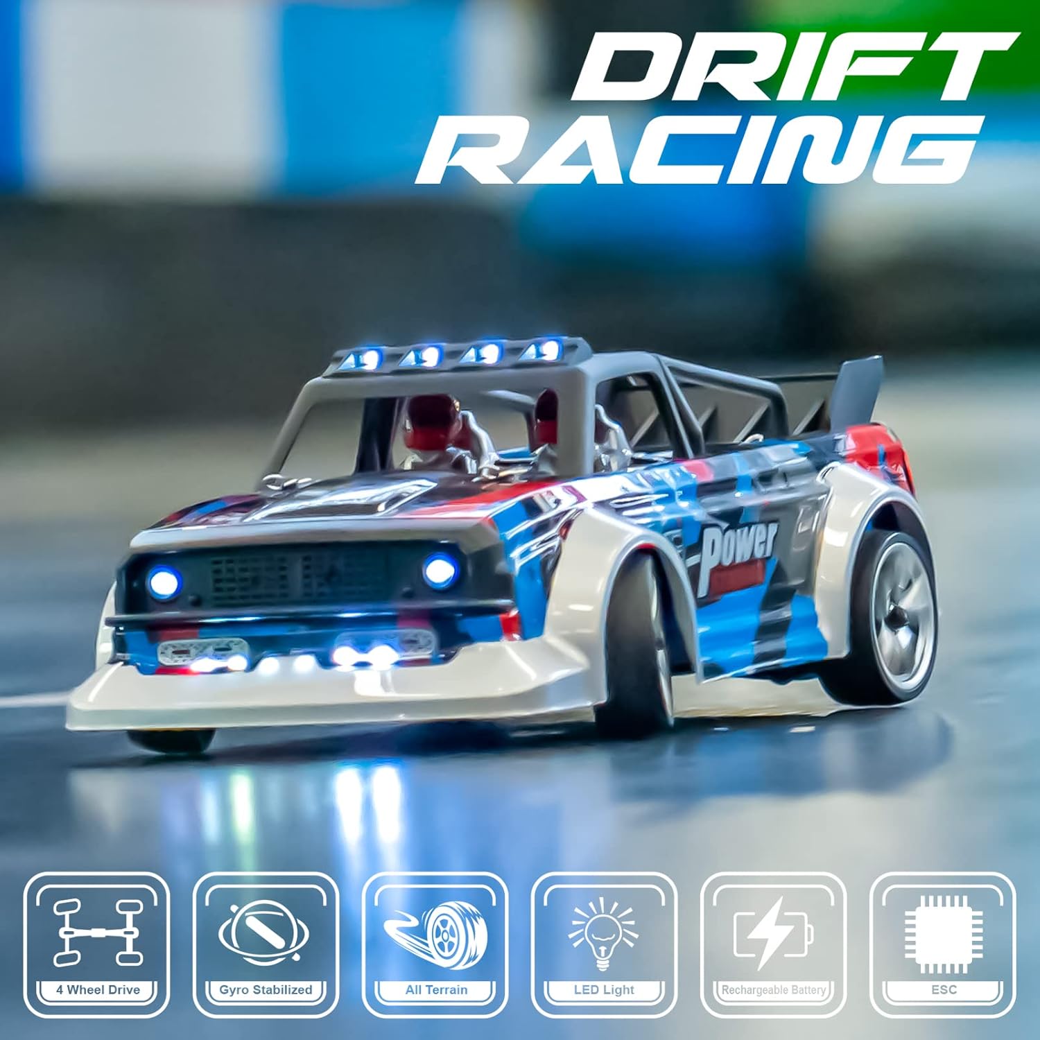 RC Drift Car for Adults 1/16 Scale RC Truck 40+ Km/h High Speed Offroad Hobby Racing Car, with Led Light and Rechargeable Battery, for Boy Girl Adults, Blue