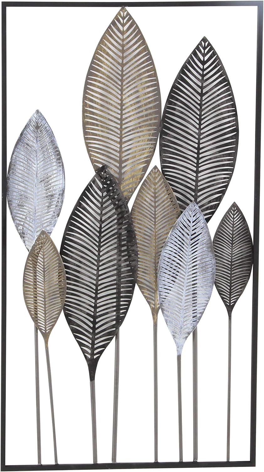 Deco 79 65649 Metal Leaf Wall Decor, 20 in x 1 in x 37 in (L x W x H), Black/White/Brown