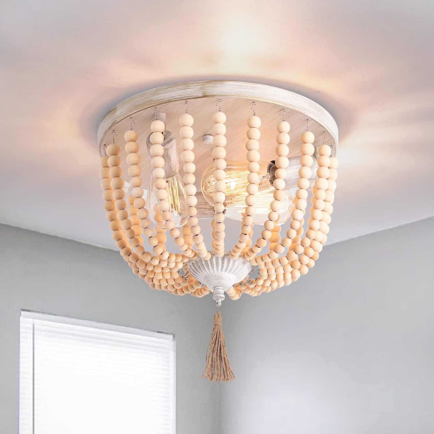 Neechicx Farmhouse Wood Beaded Flush Mount Ceiling Light,3-Light Boho Wooden Bead Chandelier Vintage Lighting Fixtures for Entryway, Hallway, Foyer, Bedroom, Black Finish with Golden Edge Painting