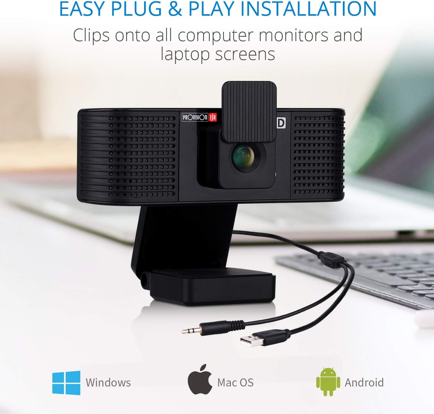 Provision ISR External Webcam with Microphone for Desktop, USB Camera for PC, Computer Speakers with Microphone, HD Video Camera for Computer Monitor & Laptop with Cover for Windows, Mac OS & Android