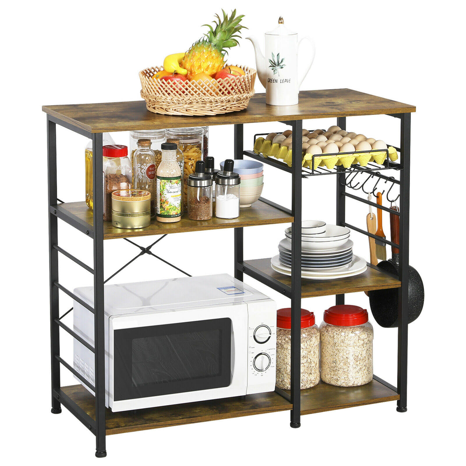 Easyfashion Multifunctional Kitchen Baker&s Rack with Basket 6 Hooks Rustic Brow