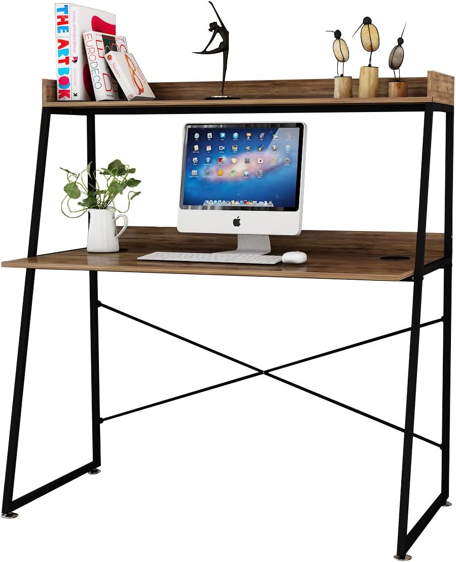 DESIGNA Computer Desk with Shelves, 43 inch Gaming Desk with Top Shelf, Home Office Desk with Bookshelf Space Saving Design, Archaize Brown