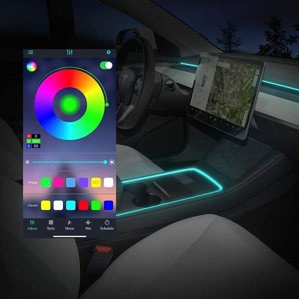 2021 Tesla Model Y Model 3 Neon Light Tubes RGB Interior LED Strip Lights with App Controller (NEW Center Console + Dashboard Light) Pack of 2