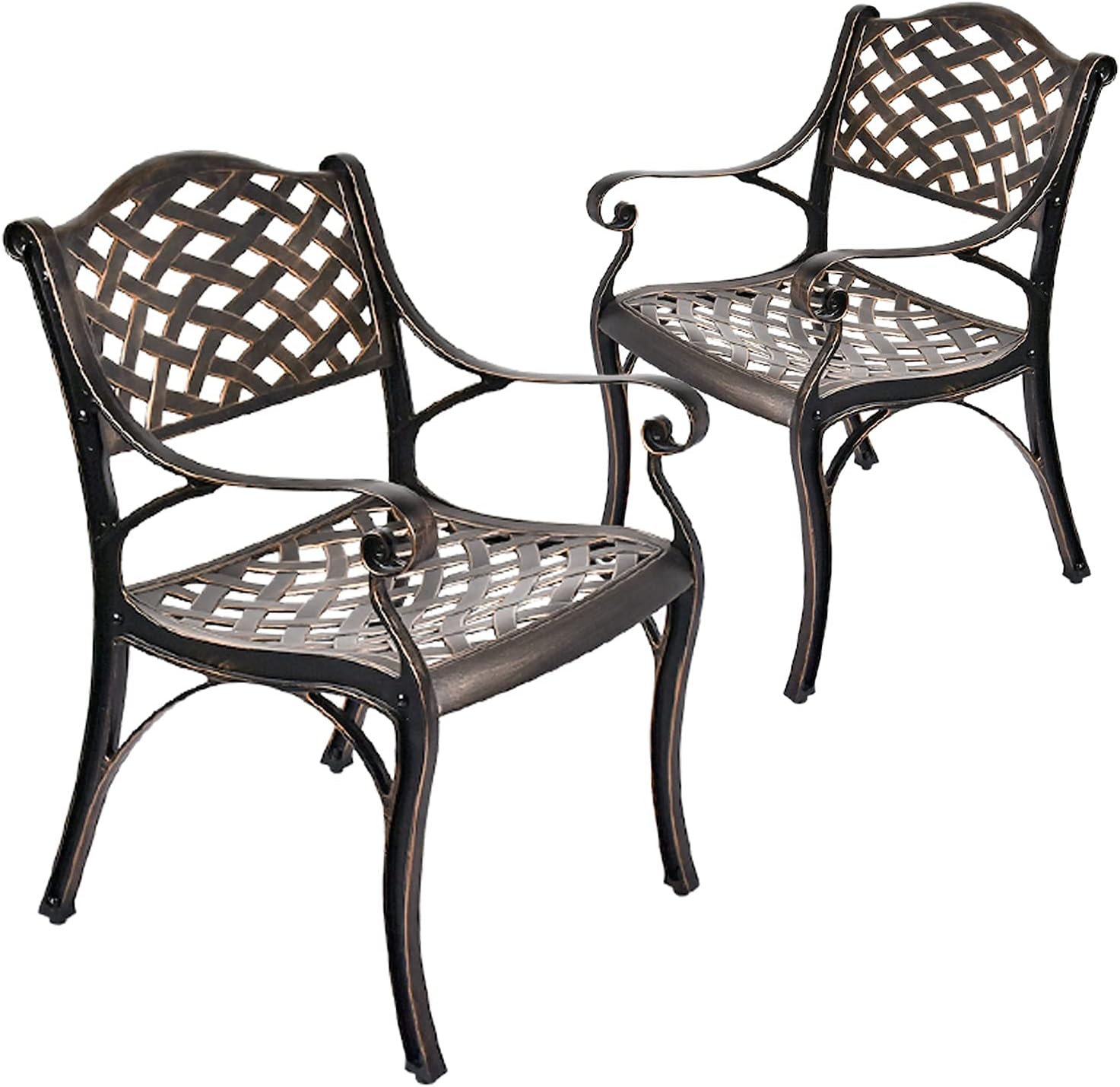 OKIDA 2 Piece Outdoor Dining Chairs, Cast Aluminum Chairs with Armrest, Patio Bistro Chair Set of 2 for Garden, Backyard (Lattice Design 2 Chairs)