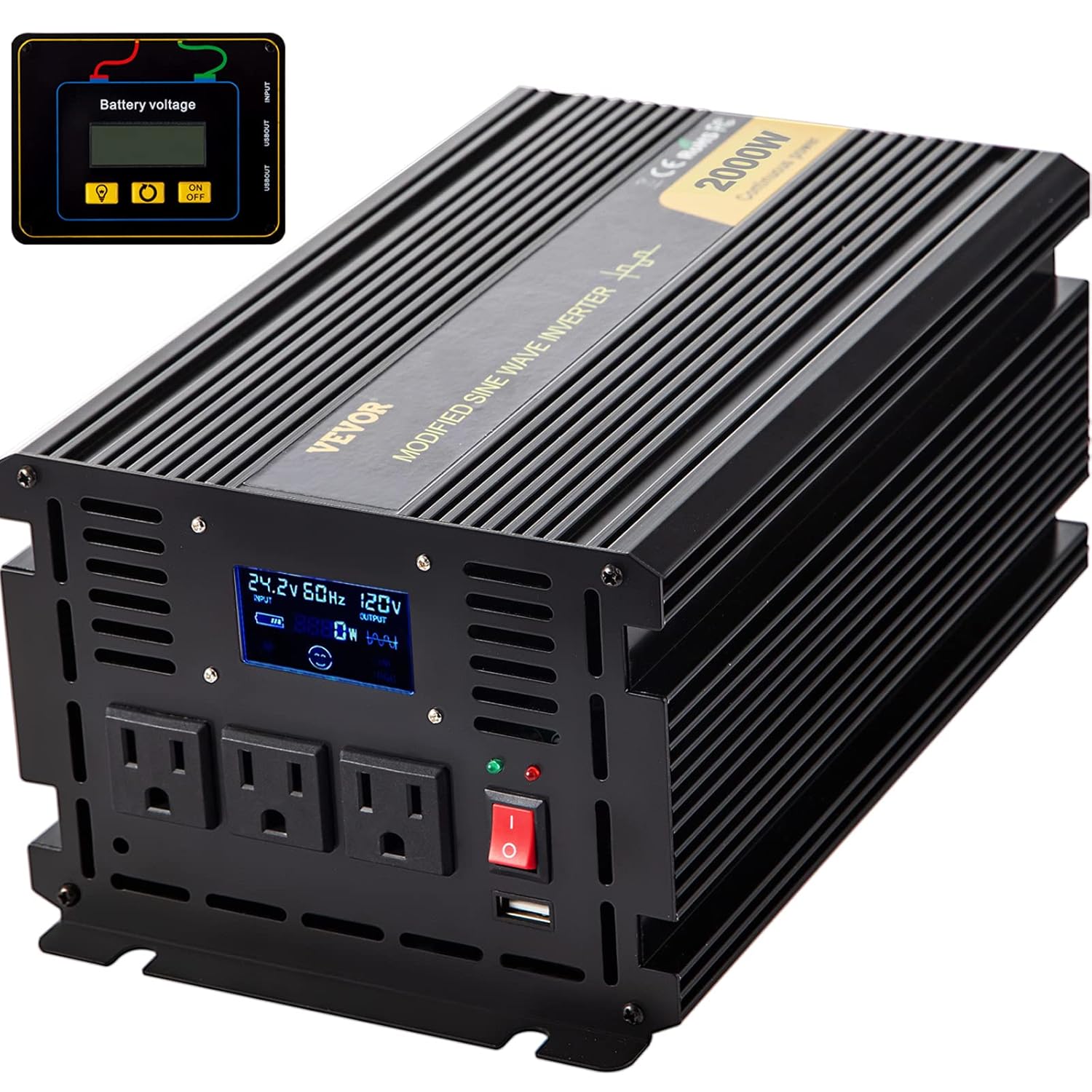VEVOR Power Inverter, 2000W Modified Sine Wave Inverter, DC 24V to AC 120V Car Converter, with LCD Display, Remote Controller, LED Indicator, AC Outlets Inverter for Truck RV Car Boat Travel Camping