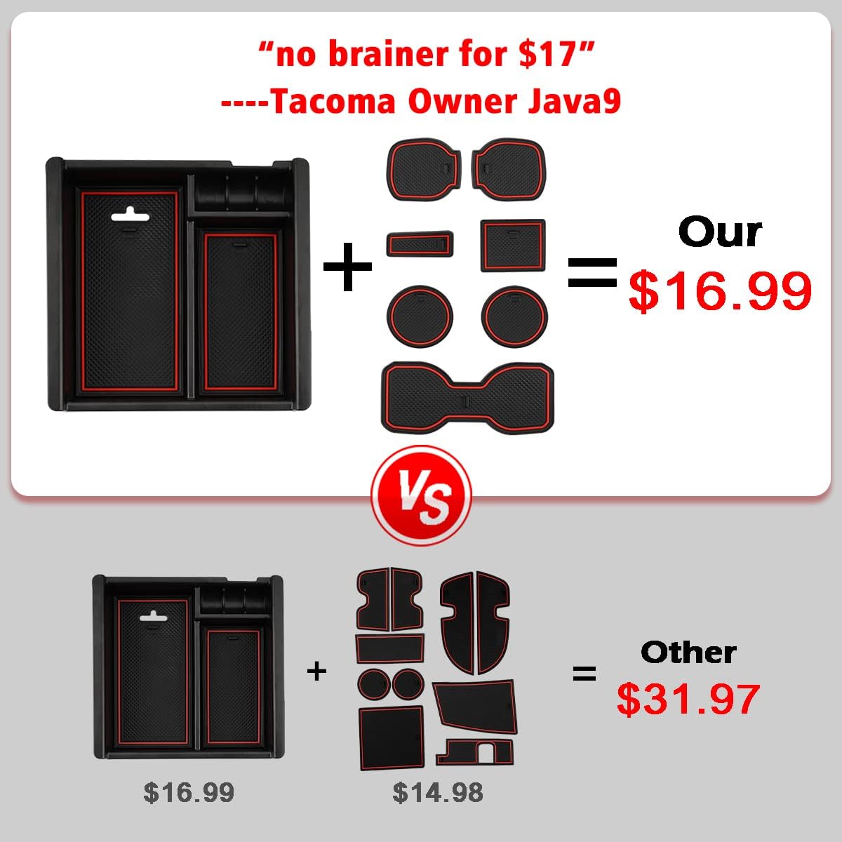 CreekT 2022 Upgrade for Toyota Tacoma 2016-2021 2022 Accessories, Center Console Organizer Tray with 7 sets Premium Custom Liner Mats for Cup Holders, Cup Holder Liner Mats & Armrest Box Insert Tray