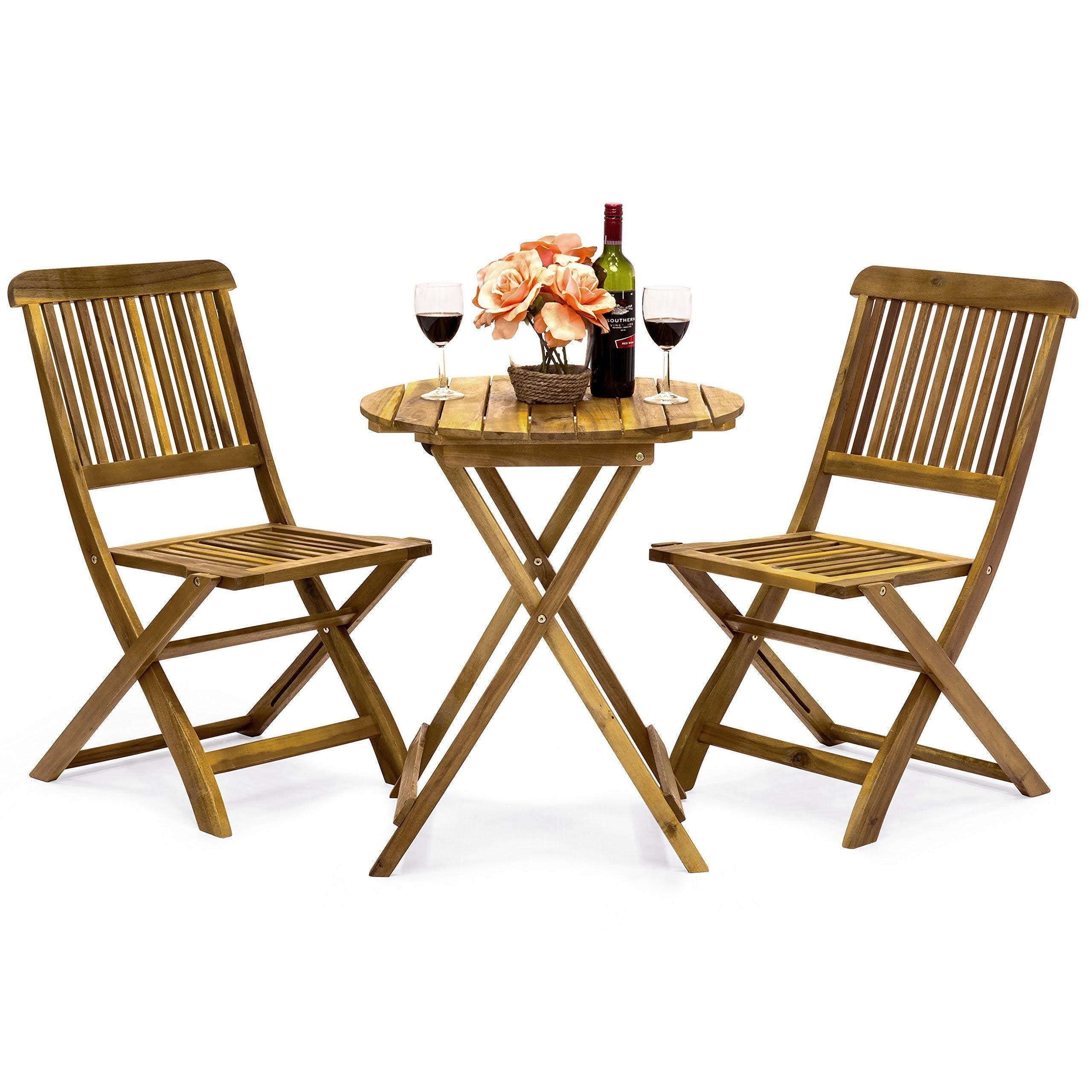 Best Choice Products 3-Piece Acacia Wood Bistro Set, Folding Patio Furniture w/ 2 Chairs, Table, Teak Finish - Natural, Brown