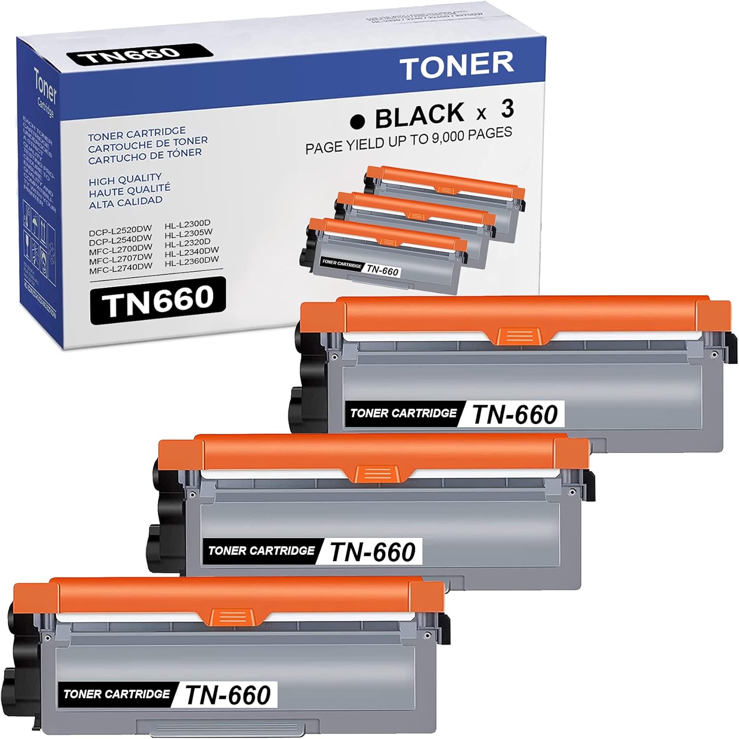 3-Pack Black High Yield TN-660 TN660 Toner Cartridge Compatible Replacement for Brother DCP-L2540DW HL-L2300D L2380DW L2660DW MFC-L2680W L2705DW L2685DW Printer, Page Yield Up to 9,000 Pages