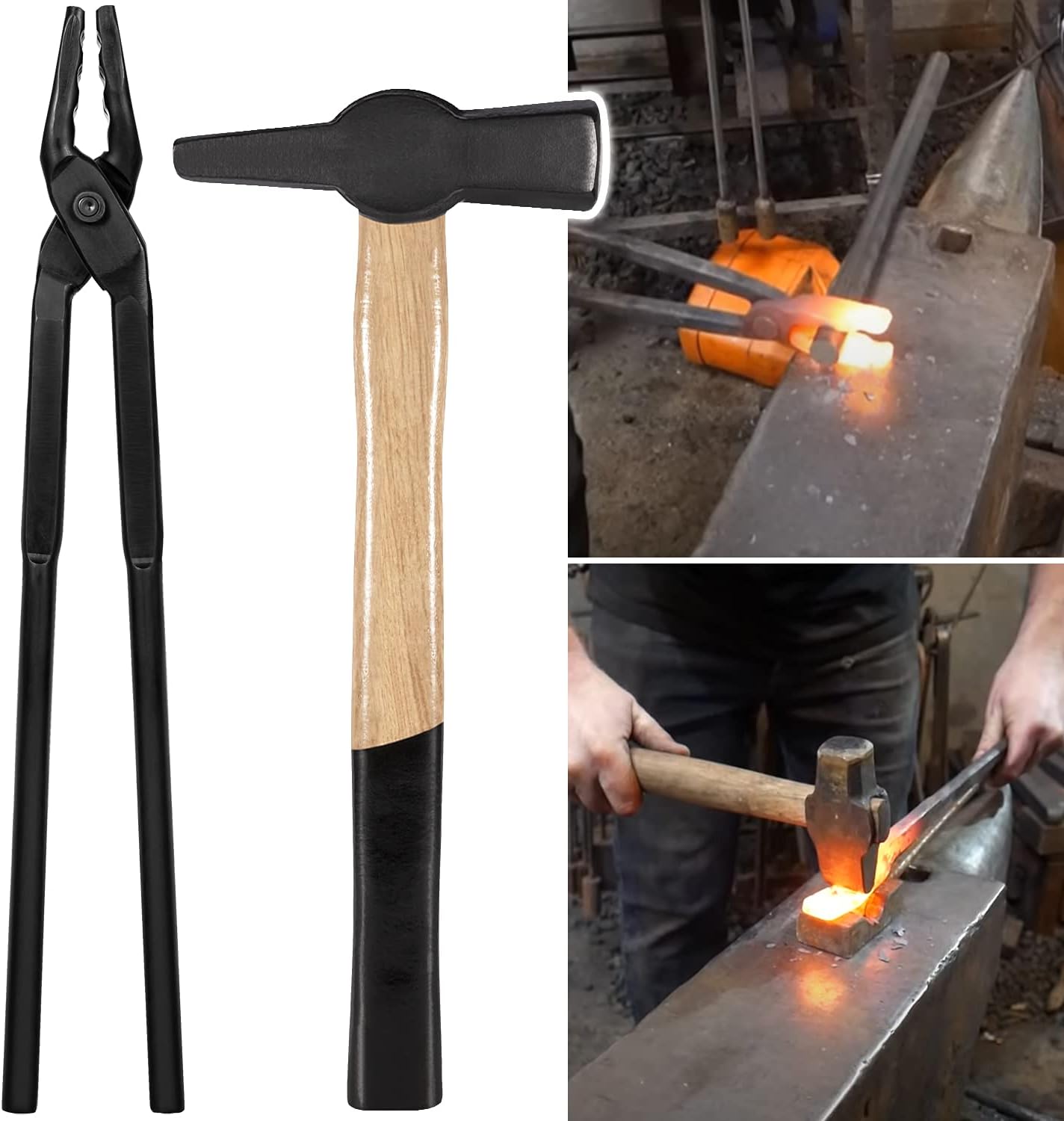 Upgraded Blacksmith Wolf Jaw Tong & Professional Blacksmiths&rsquo; Hammer Set, Replace OEM#0000811-1000 Cross-Peen Swedish Pattern Hammer (16 in (400 mm))