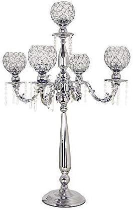 VINCIGANT 5 Arms Candelabra/Crystal Candle Holders, for Wedding Dinner Firplace Halloween Decoration,Home Holiday Decor,Gifts,Silver Pack of 2