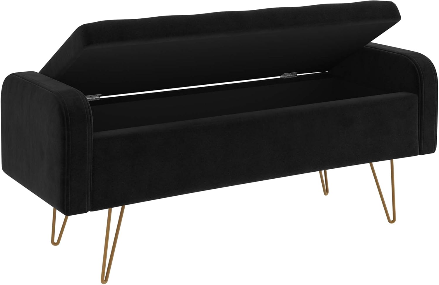 Nspire Modern Velvet & Metal Storage Ottoman/Bench in Black & Gold Leg