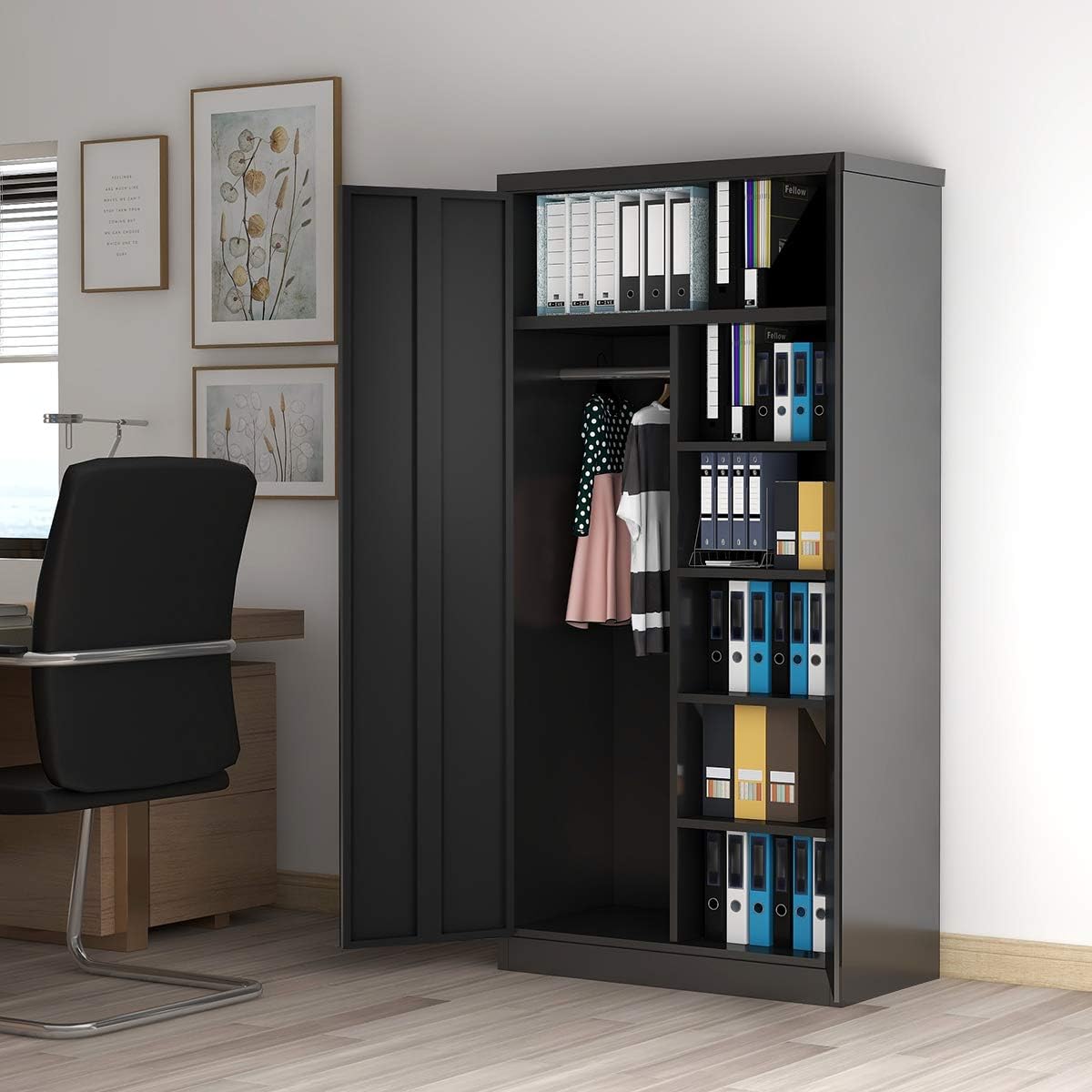 Cabinet for Storage,Black Steel Storage Cabinet with Doors and Shelves for Home Office,Lock Lockable,Wall Mount (72
