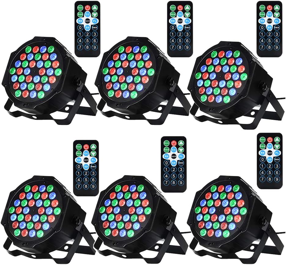 LUNSY DJ Lights, 36LED Stage Light Sound Activated, Remot and DMX Control, Uplighting Lights for Events, Party, Wedding, Festival - 6 Pack