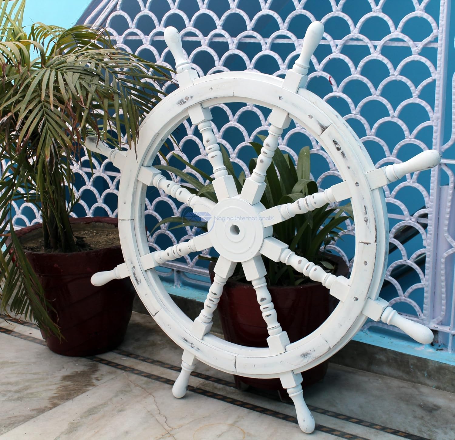 Nagina International Nautical Handcrafted Wooden Ship Wheel - Home Wall Decor (24 Inches, Antique White) Pack of 2
