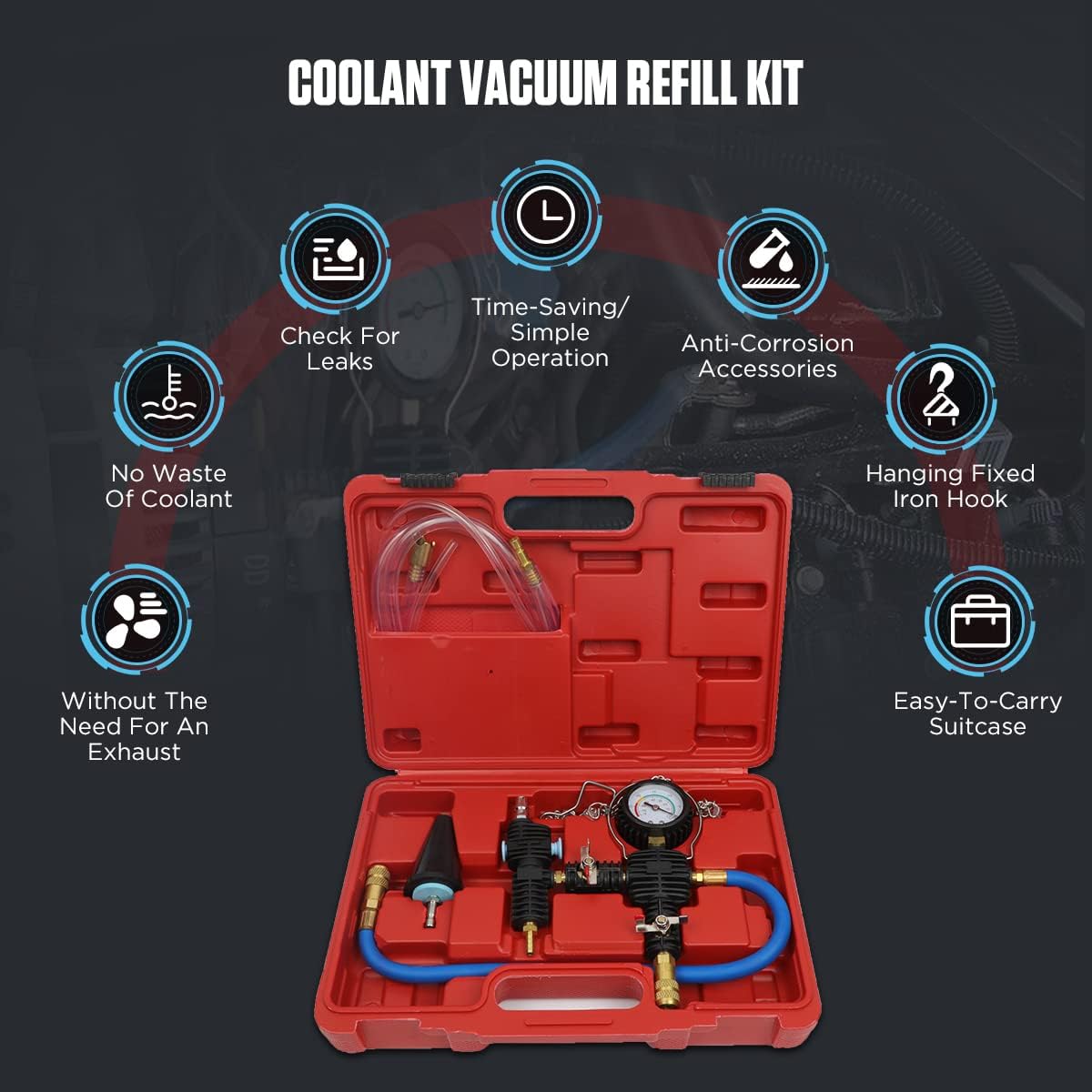 DUOYI Coolant Vacuum Refill Kit Time Saving&No Waste Coolant Refill Tool Kit Check for Leaks Universal Radiator Cooling System Vacuum Purge & Refill Kit with Suitcase Vacuum Coolant Fill Kit