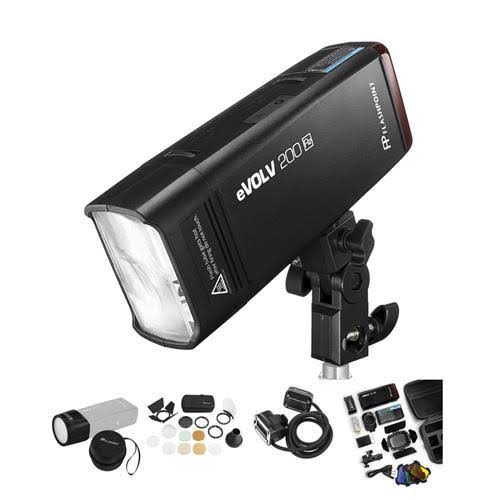 Flashpoint Evolv 200 TTL Pocket Flash with Barndoor Value Kit with EXT Head and Round Flash Head and AK-R1 Accessory Kit