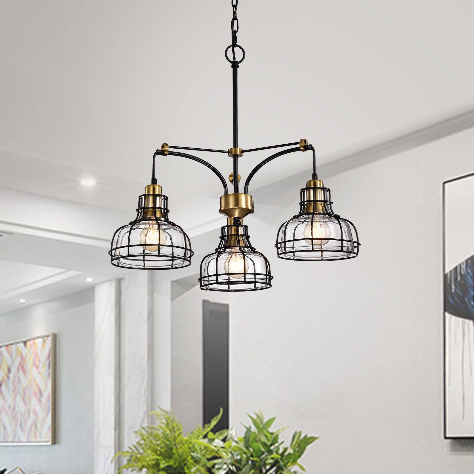 Edvivi 3-Light Black and Antique Gold Chandelier with Clear Glass Shade