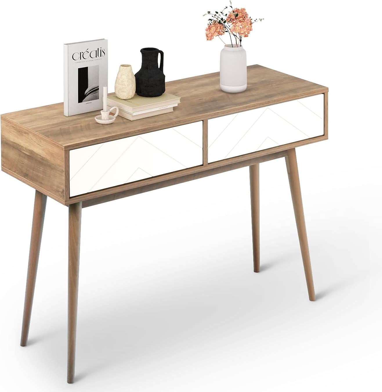 Console Table with 2 Drawers Entryway Table with Storage Narrow Accent Sofa Table Mid-Century Modern Desk for Hallway, Entryway, Living Room and Bedroom Rustic Brown and White