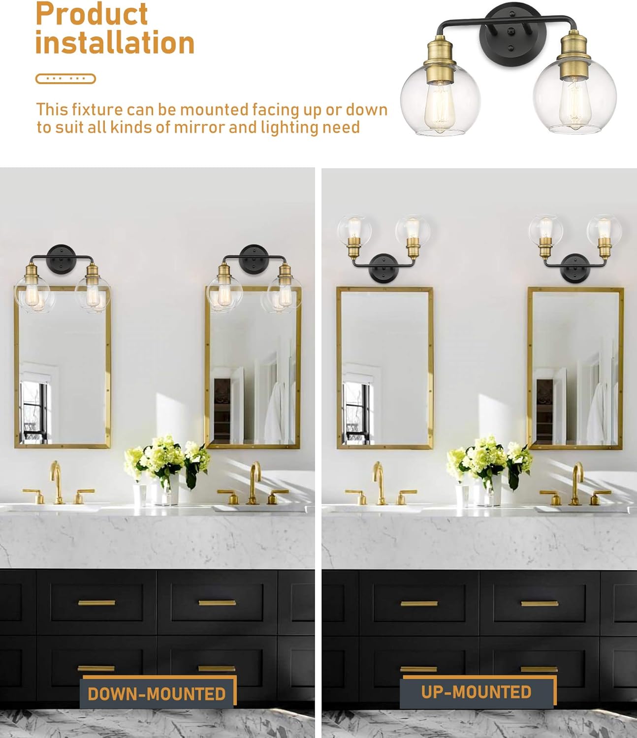 AKEZON 2-Light Bathroom Vanity Lights, Bathroom Light Fixtures Over Mirror with Clear Glass Shade, Matte Black & Antique Brass Finish, KW-7221-2