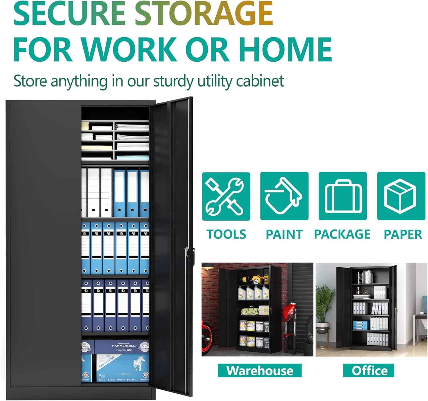 Waqiv Metal Storage Cabinet,Steel Storage Cabinet with 2 Doors and 4 Adjustable Shelves,Black Metal Cabinet with Lock,72