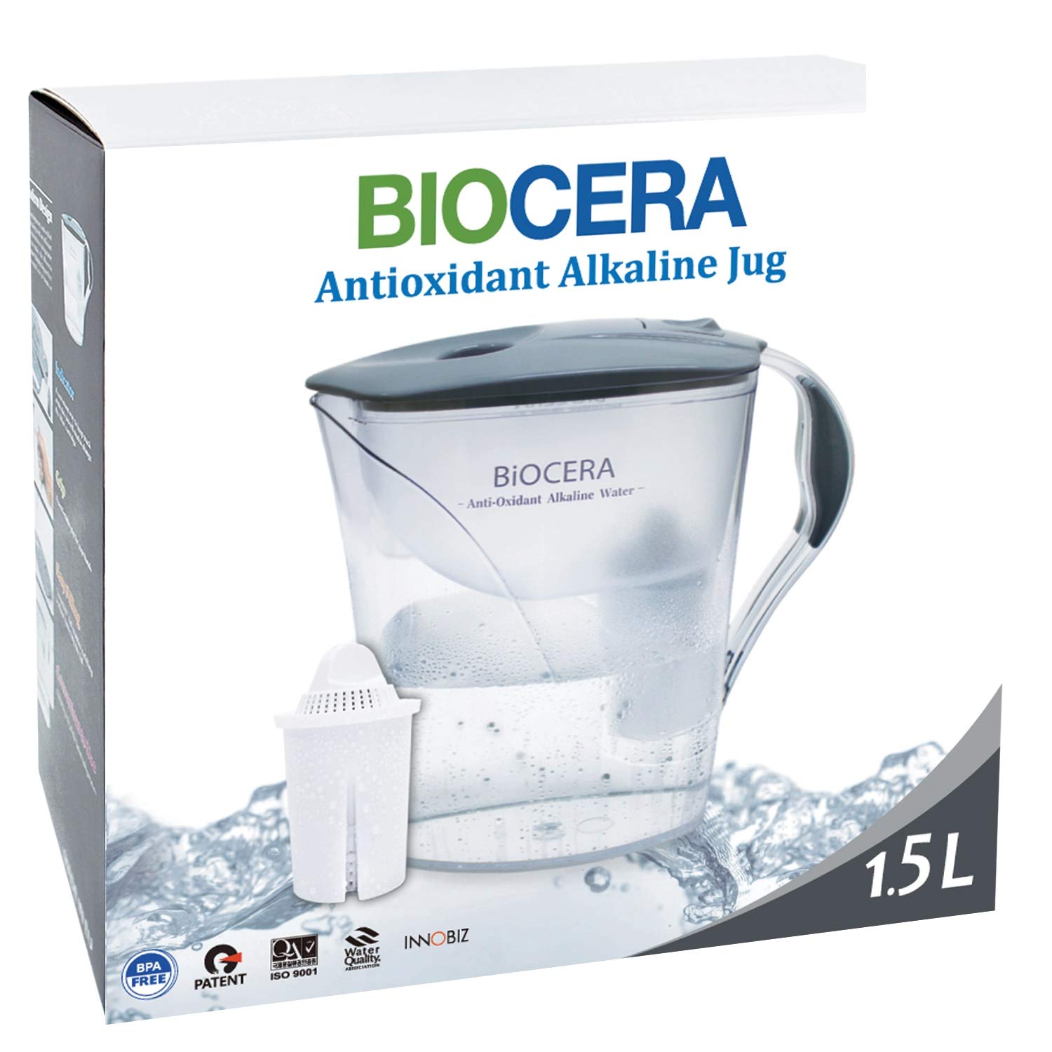 BIO CERA Alkaline Antioxidant Water Filter Pitcher (Includes 1 Free Cartridges) BPA-Free, Toxin-Free Mineralized Alkaline Water Ionizer, Activated Carbon Filter - Up to PH 9.5