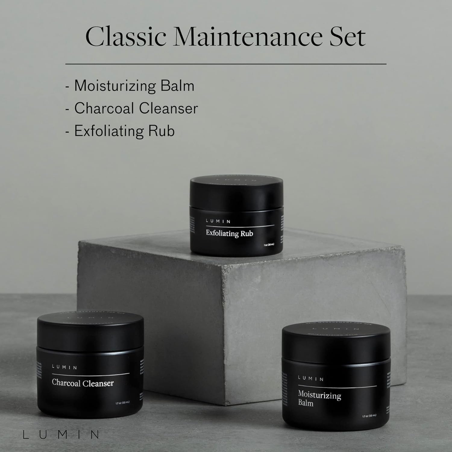Lumin - Classic Maintenance Set - Skin Care Kit for Men - Charcoal Face Wash, Moisturizer, Exfoliating Rub - Anti Ageing, Redness Relief - 2 Month Supply Pack of 2