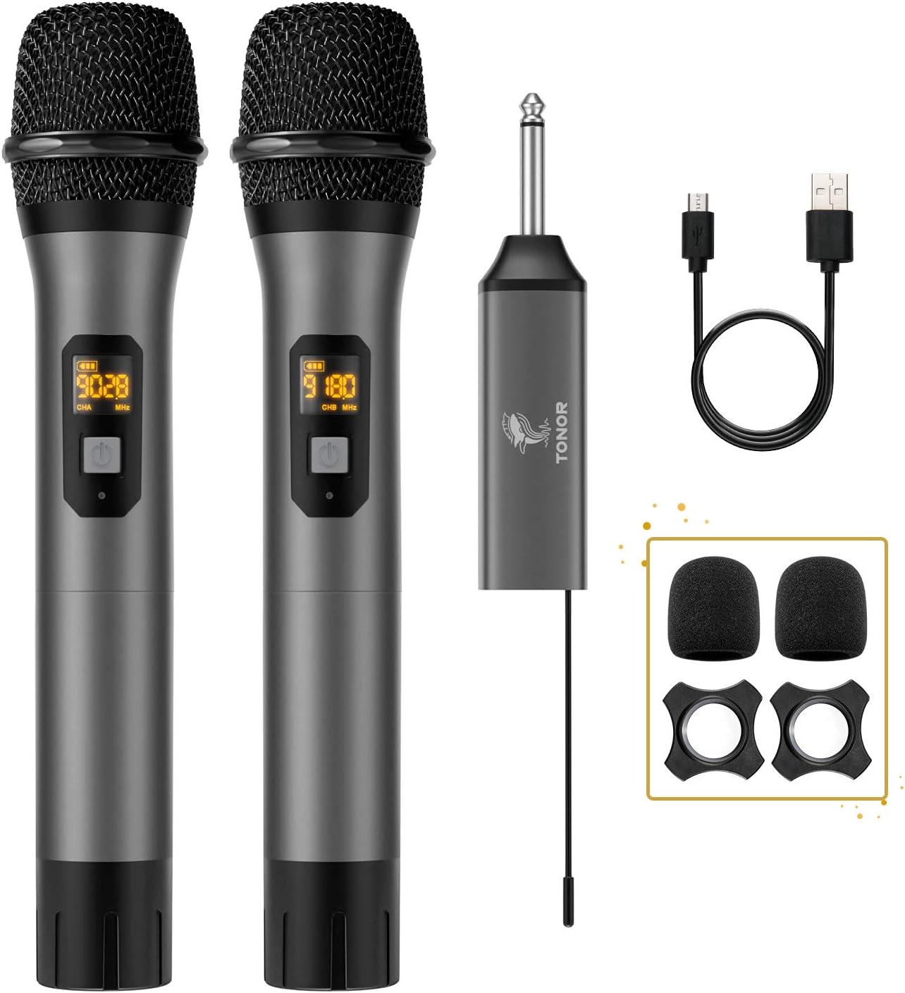 Wireless Microphone, TONOR UHF Dual Cordless Metal Dynamic Mic System with Rechargeable Receiver, for Karaoke Singing, Wedding, DJ, Party, Speech, Church, Class Use, 200ft (TW-630) Pack of 2