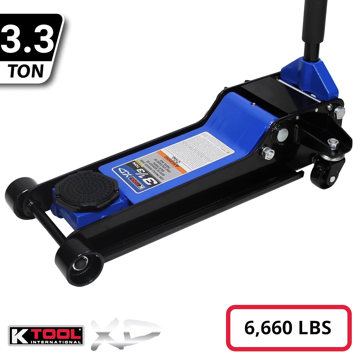 K Tool International 3.33 Ton Low Profile Service Jack; Dual Pump Piston for Rapid Rise, Long Range Handle, Heavy Duty Steel, Hydraulic Ram Protection; KTIXD63133