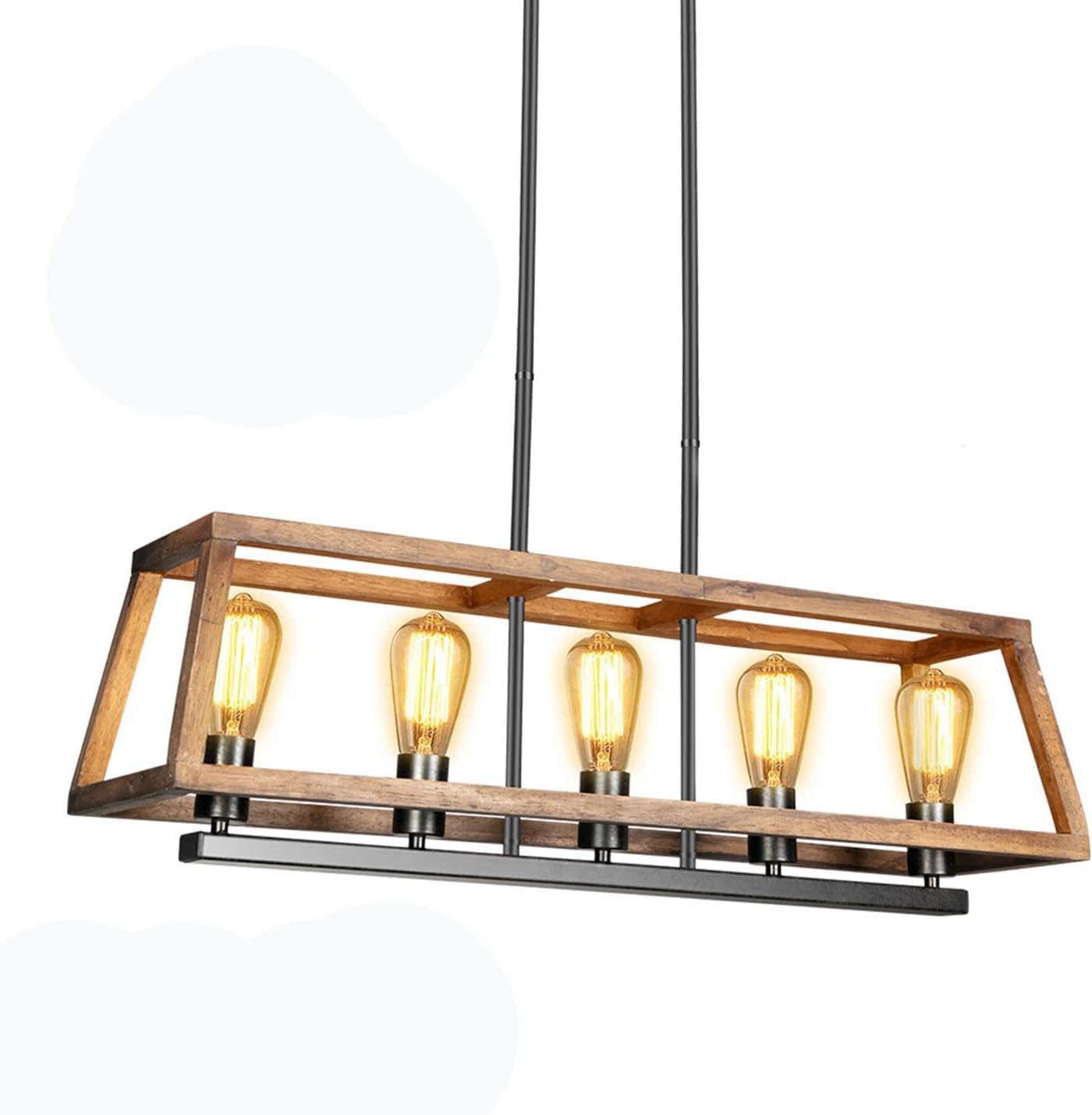 Juyace Farmhouse Chandelier Light Fixture with 5 Lights，60W Metal Bracket Rustic Vintage Wooden Pendant Lighting for Kitchen Island