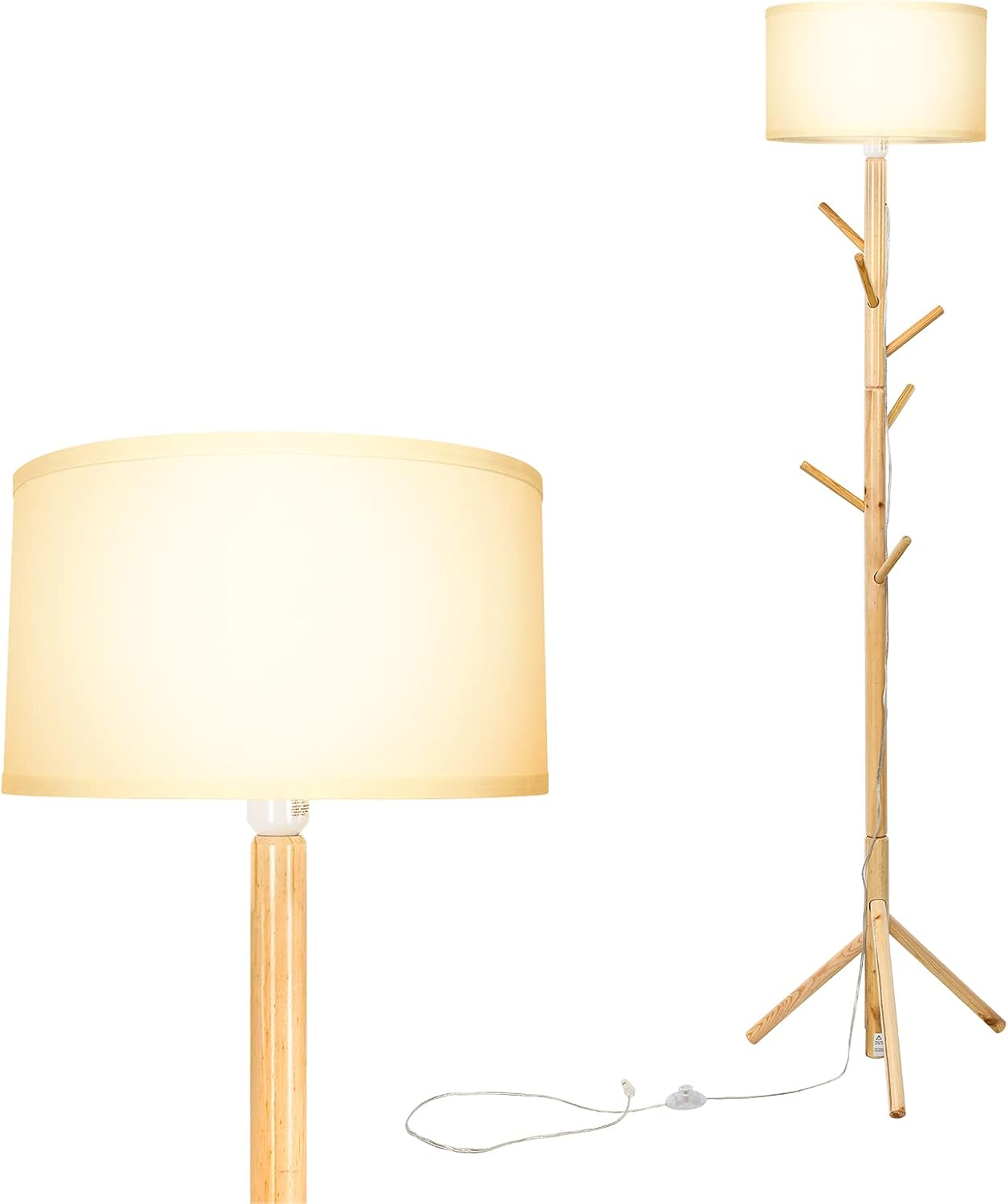 Tangkula Floor Lamp with Coat Rack, Wood Floor Light with 6 Hooks, E26 Lamp Holder & Foot Switch, Multifunctional Standing Lamp, Modern Pole Lamp for Living Room Bedroom Hallway, Natural