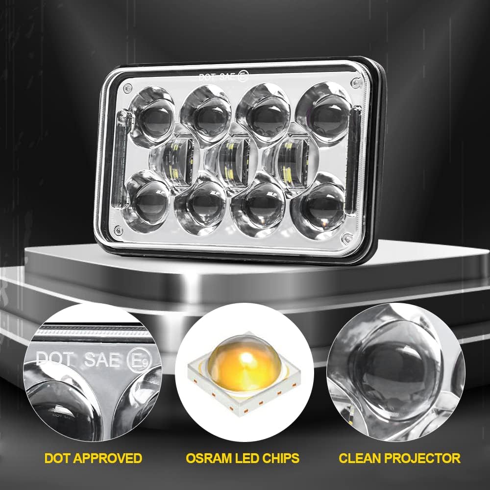 Newest 60W 4x6 Inch LED Headlights with DRL for H4651 H4652 H4656 H4666 H6545 Freightliner Kenworth Peterbilt International Volvo Sterling Western Star Mack(Chrome 4Pcs)