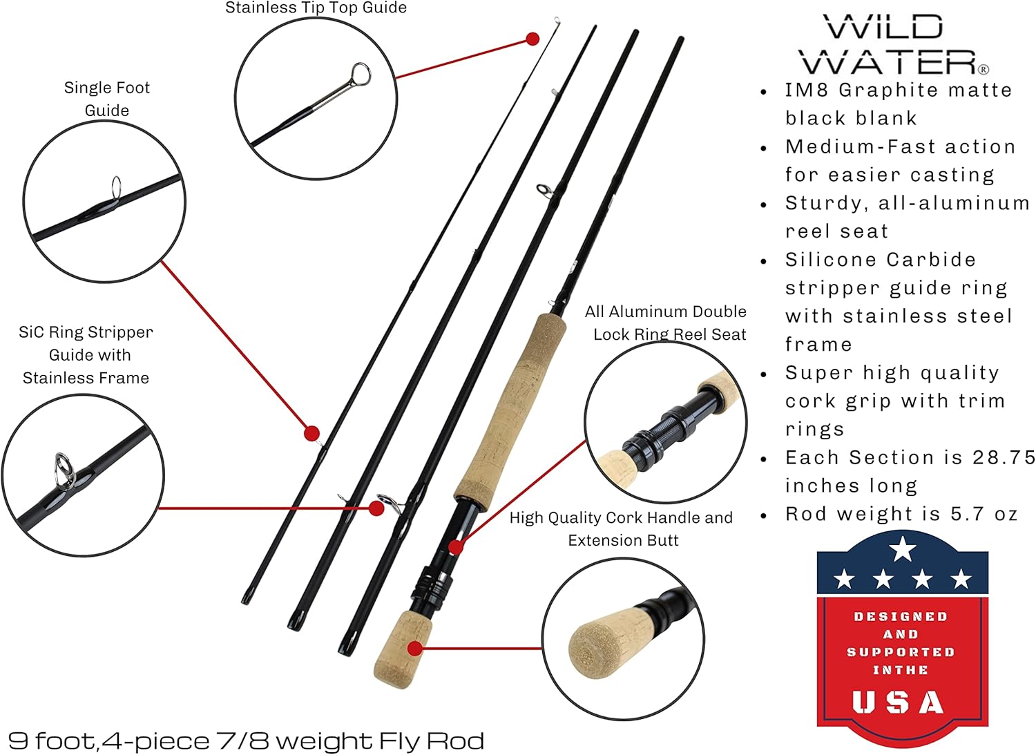 Wild Water Fly Fishing Fortis Series CNC Machined Fly Reel, 9 Foot, 4-Piece, 7/8 Weight Fly Rod Complete Fly Fishing Rod and Reel Combo Starter Package with Freshwater Flies
