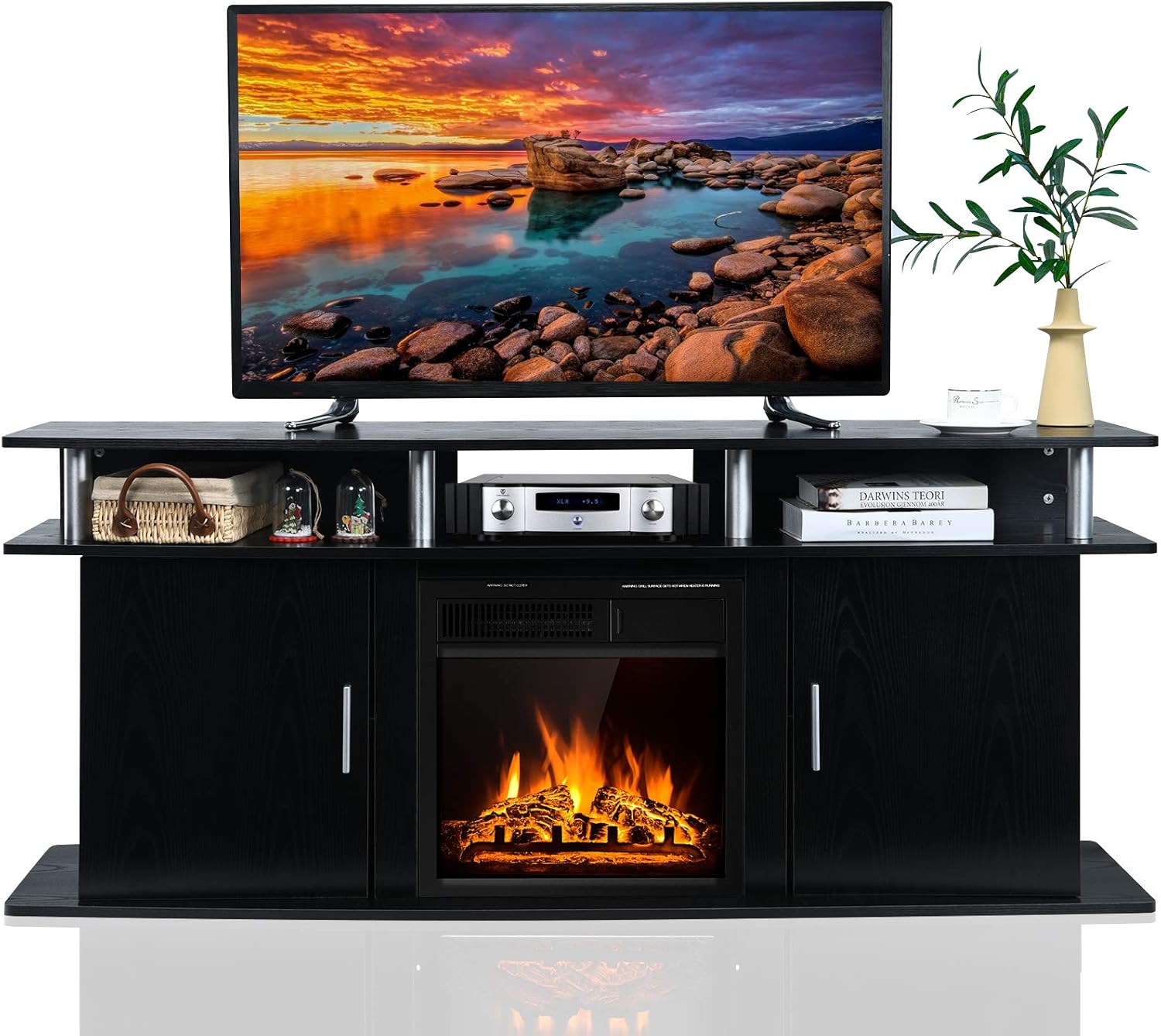 Tangkula Fireplace TV Stand, Living Room Media Console Table w/1500W Electric Fireplace for TVs up to 70 Inches, Modern TV Console w/ Fireplace, Remote Control & Adjustable Brightness (Black)