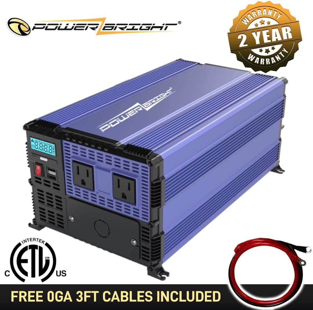 PowerBright 4000 Watts Power Inverter 12V to 110V, Modified Sine Wave Car Inverter, DC to AC Converter with Dual 110 Volts AC Outlets, Hardwire Kit, 2 USB Ports 2.4A ea - ETL Approved Under UL Std 458