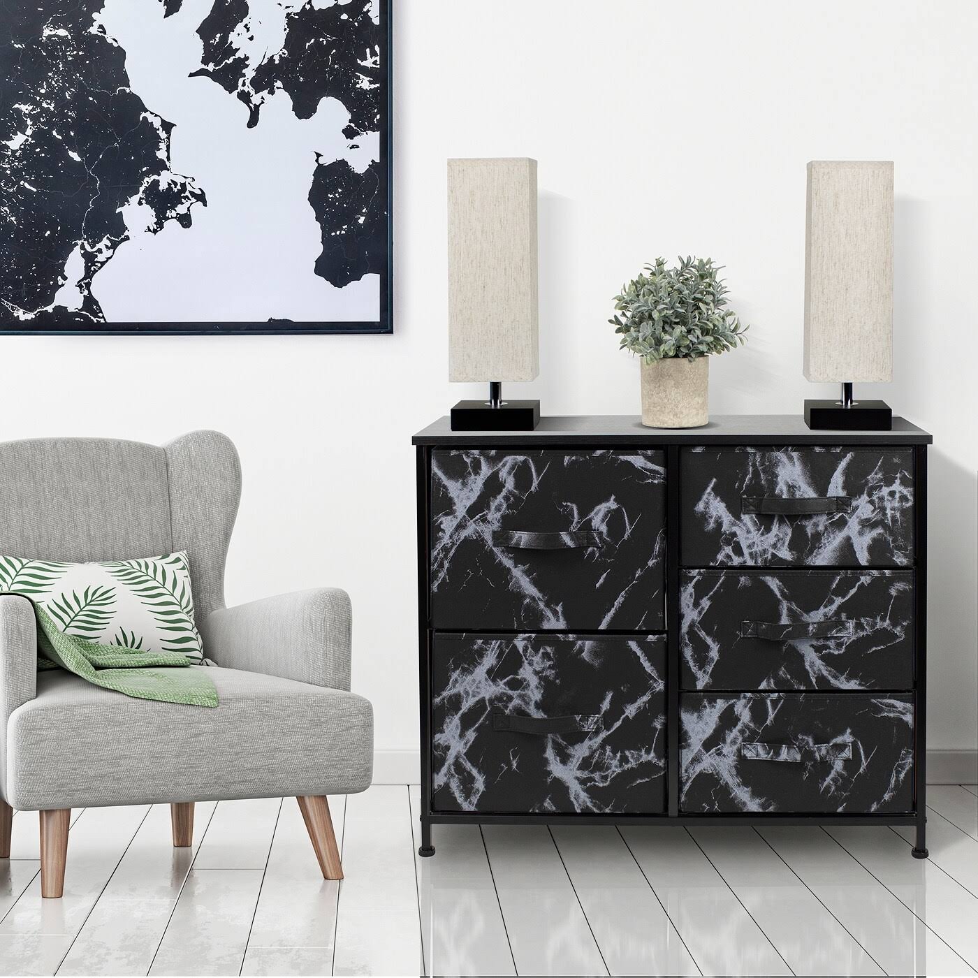 Sorbus 5-Drawers Chest Dresser - White Frame, Black Marble