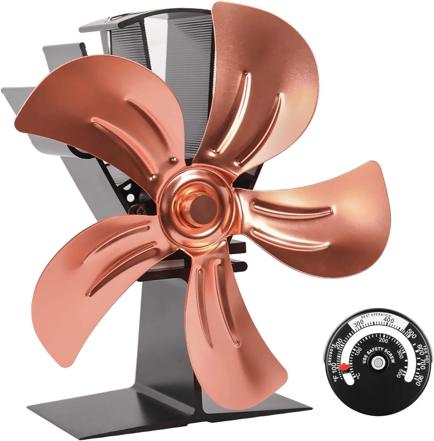 KINDEN Wood Stove Fan 5-Blade - Heat Powered Log Burner with Stove Thermometer (Aluminium Gold, Large Size) Patent Pending Pack of 2