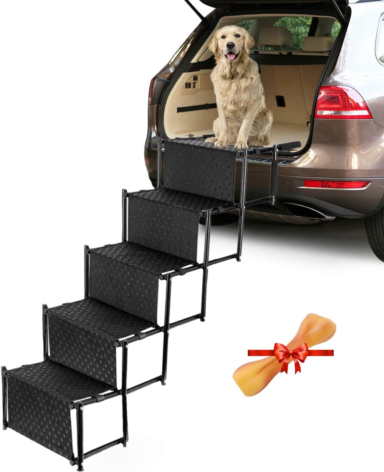 Portable Dog Stairs for Large Dogs, Foldable Aluminum Lightweight Pet Ramps,Accordion Pet Ladder Dog Car Steps with Non-slip Surface for High Beds, Trucks, Cars and SUV, Supports up to 150 lbs,5 Steps