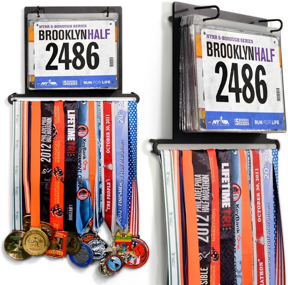 Gone For a Run BibFOLIO Plus Race Bib and Medal Display | Wall Mounted Medal Hanger – Displays up to 24 Medals and 100 Race Bibs Pack of 2