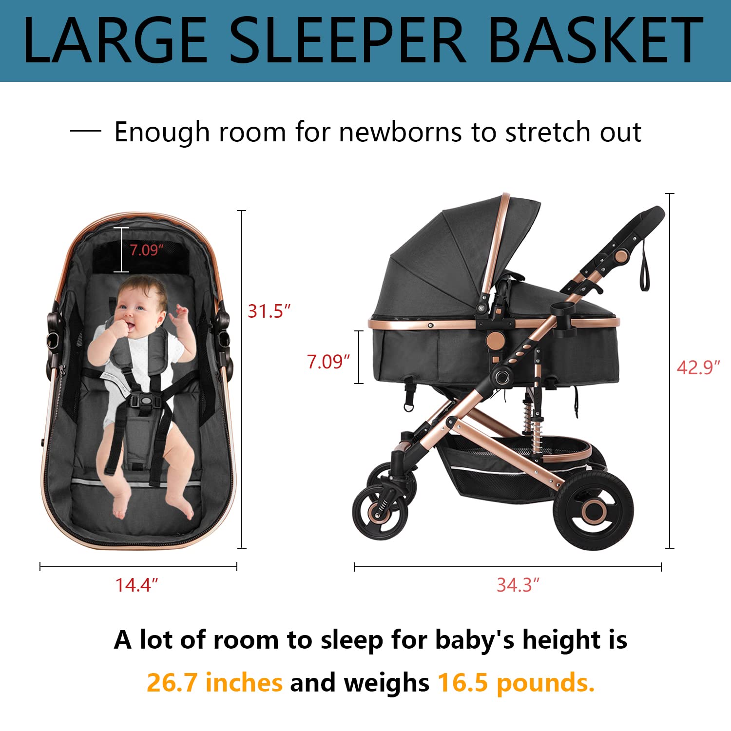 Bassinet Convertible Standard Baby Strollers - Reversible High Landscape Newborn and Infant Pram (Black)