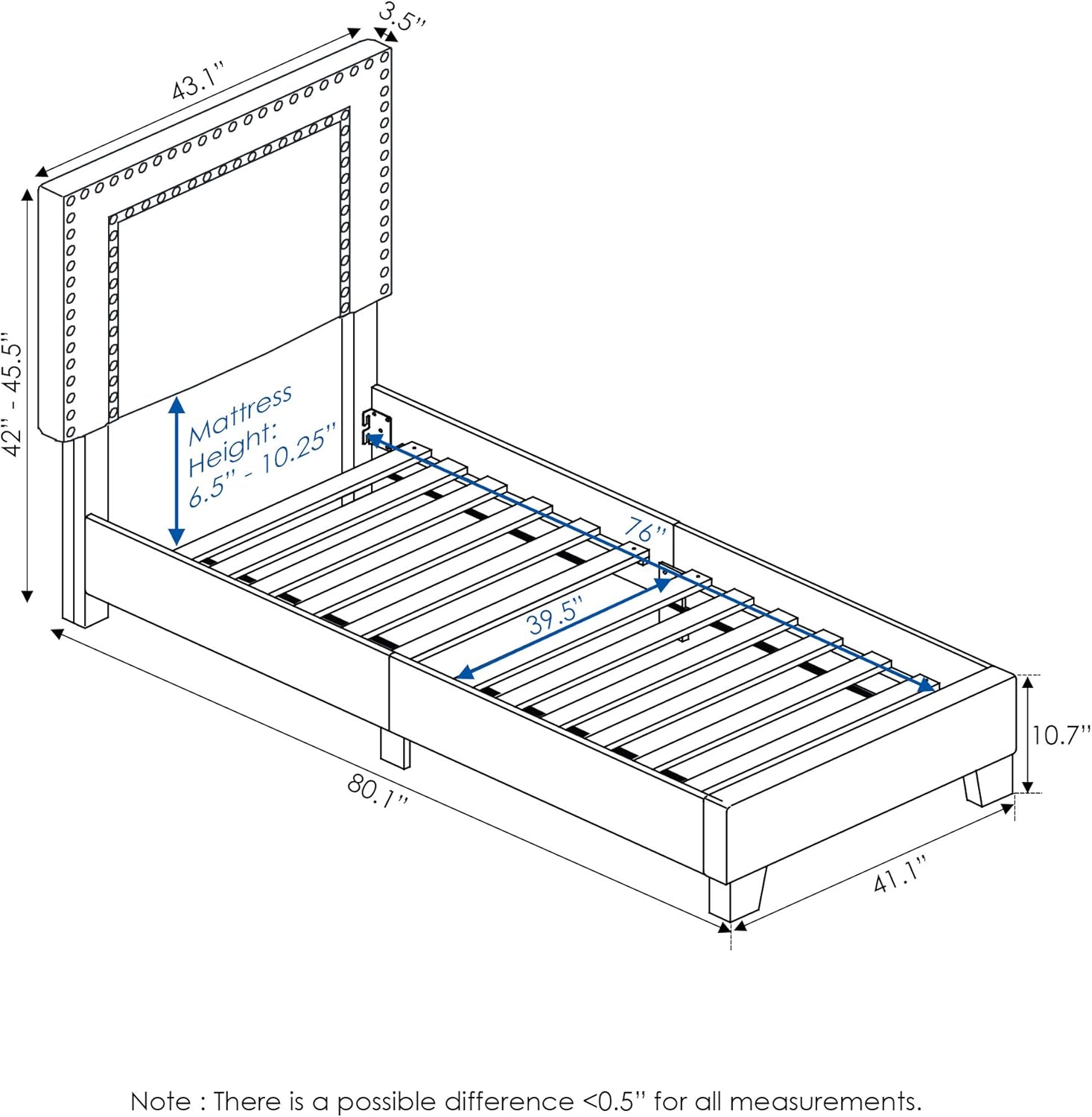 FURINNO Laval Double Row Nail Head 12PC Slat Style Bed Frame, Twin, Glacier