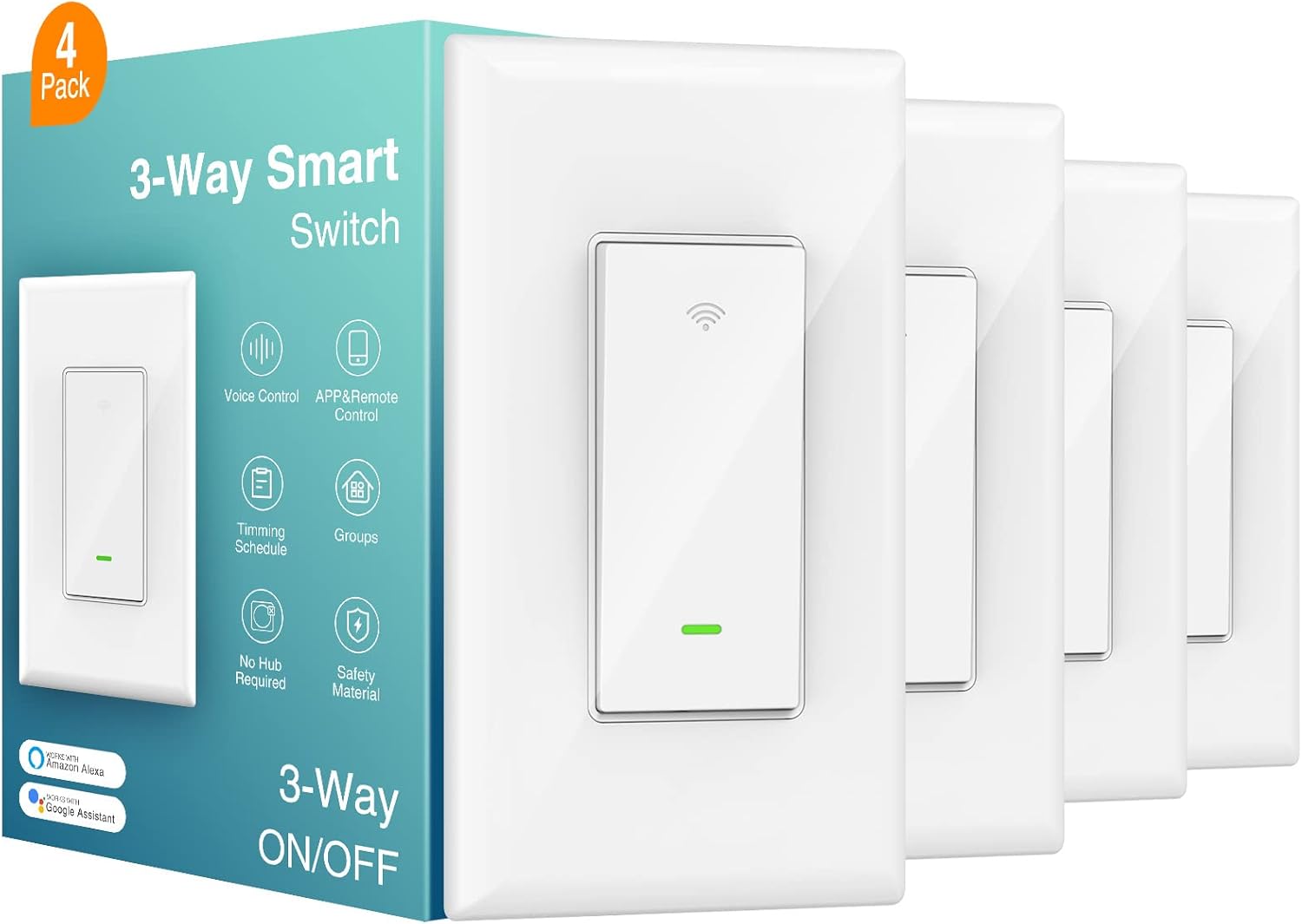 Smart Switch, 3 Way Wi-Fi Light Switch Compatible with Alexa and Google Home, Neutral Wire Required, Schedule Timer, 3-Way Installation and No Hub Required, 2.4GHz Only, ETL and FCC Listed (4 Pack) Pack of 2